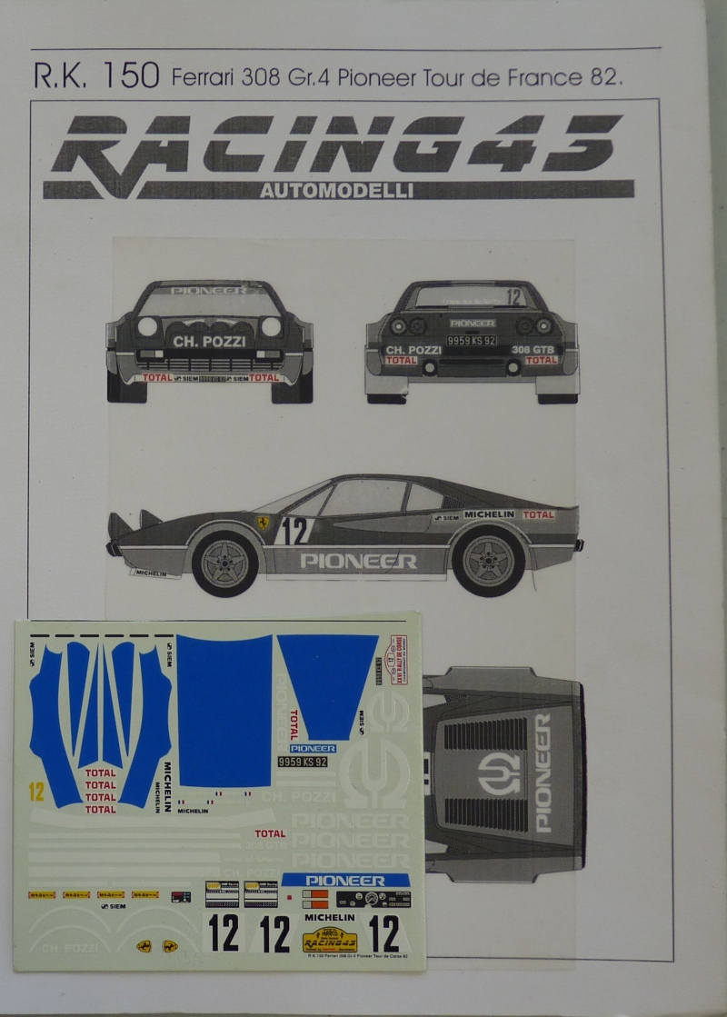 FERRARI 308 1982 DECALS 1/43 pioneer racing rally FERRARI 308 1982 DECALS 1/43 pioneer racing rally