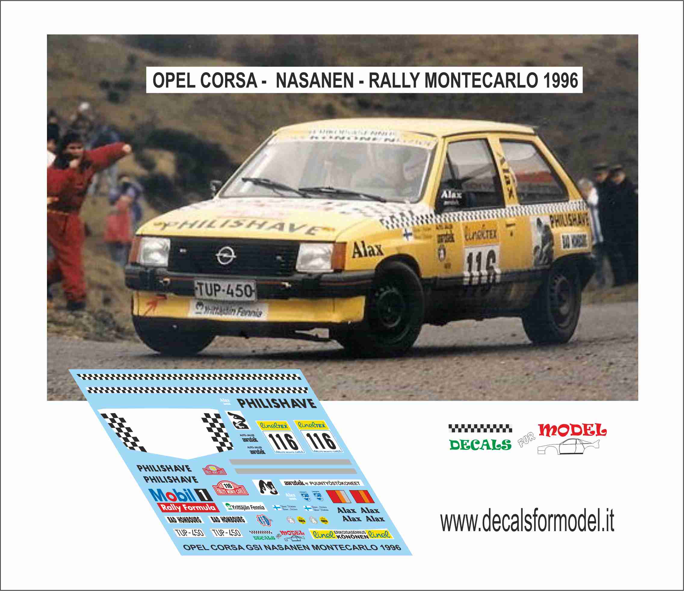 DECAL OPEL CORSA GSI - NASANEN - RALLY MONTECARLO 1996