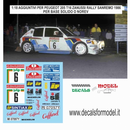 DECAL 1:18 AGGIUNTIVO PEUGEOT 205 T16 - ZANUSSI - RALLY SANREMO 1986 - SOLIDO - NOREV