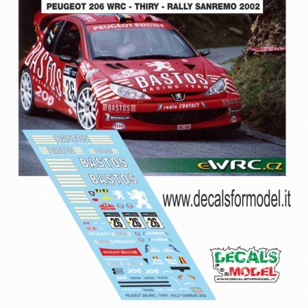 DECALS 1:43 PEUGEOT 206 WRC BASTOS - THIRY - RALLY SANREMO 2002